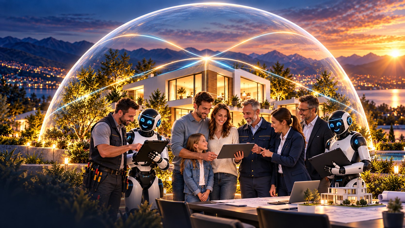 Konzeptillustration: Familie, Fachbetriebe und digitale Arbeitsrollen arbeiten gemeinsam an einem Hausprojekt unter einer Glaskuppel.